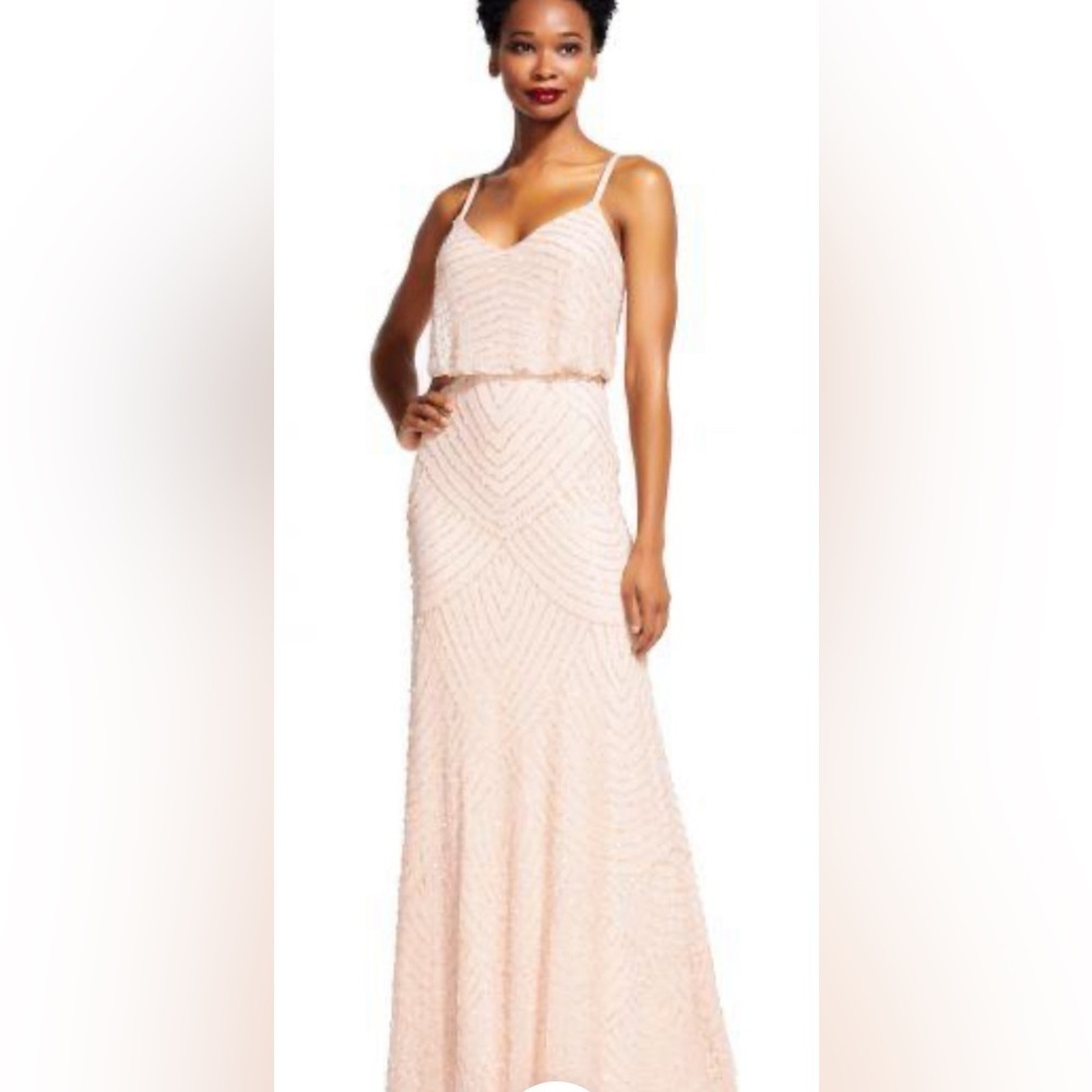Adrianna Papell Light Pink Blush Art Deco Beaded Blouson Gown Sz 10 Read